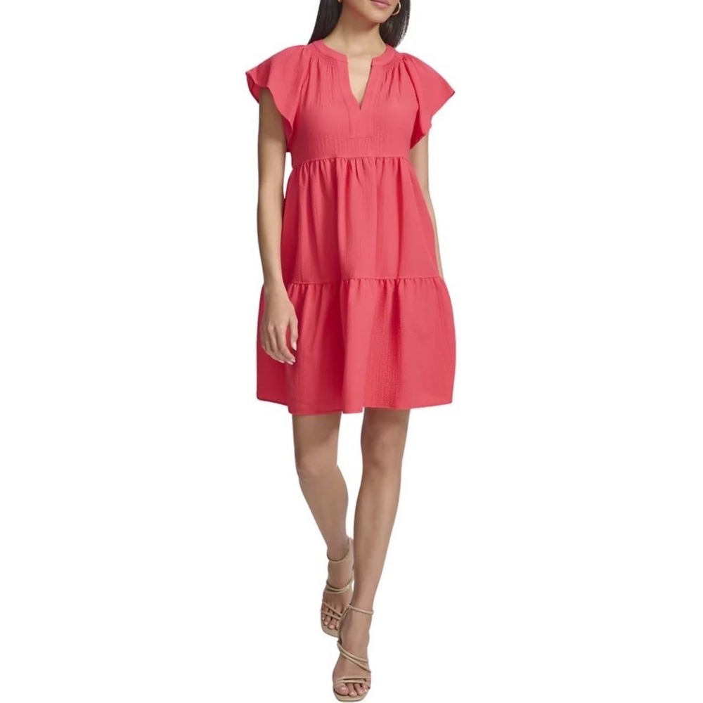 Calvin Klein Flutter Sleeve V-Neck Gauze Tiered Mini Dress Watermelon Pink 12